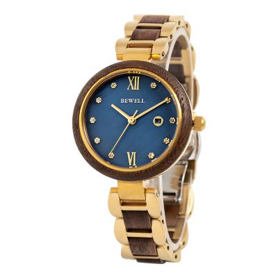 China New Auto Date 2021 Bewell OEM Wood Watches Ladies Stainless Steel With Wood Watch For Women Hand Watch Jewelry for sale