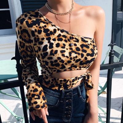 China JXS0525 2021 SUSTAINABLE Women One Shoulder Cropped Tops Hollow Out Leopard Print Lace Up T Shirts for sale