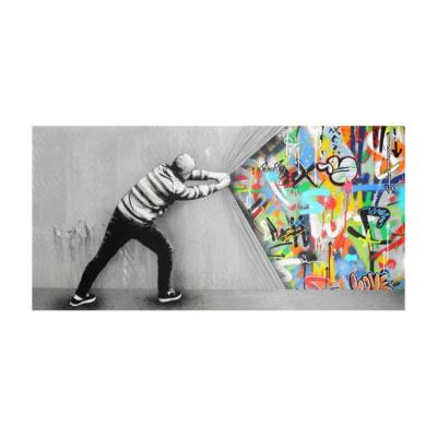 China 100% Hand Painted Graffiti Art Handmade Wall Pictures For Living Room Behind The Curtain Banksy Noise Art Street Art Canvas Paintings for sale