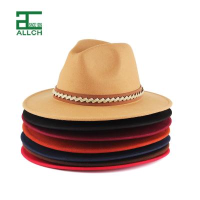 China ALLCH RTS Unisex Wide Brim Plain Color Women Men Eco-Friendly Imitate Stripe Wool FedoraHigh Quality PU Panama Fedora Felt Hat for sale