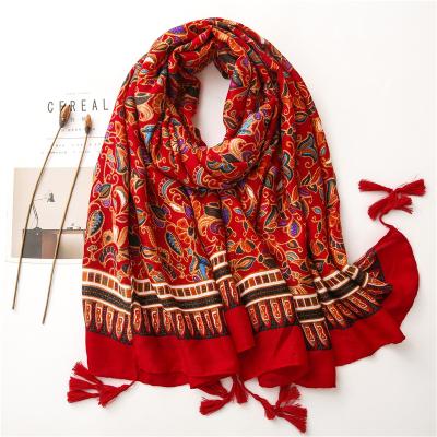 China Lengthen Women Elegant Red Ethnic Tassel Jacquard Canvas Other Scarves Shawl for sale