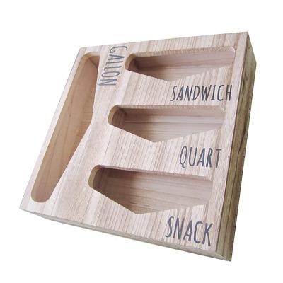 China 1 Compatible Snack Variety Wooden Size Organizer Baggie Box 4 Slots Handmade Baggie Zipper Lock Bag Storage Organizer For Kitchen Drawer for sale