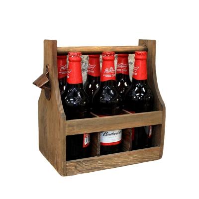 China Rustic Pot Party Use Handmade Rustic Beer Cart With Opener 6 Pack Beer Bottle Holder / Wooden Beer Wine Cart Carrier for sale