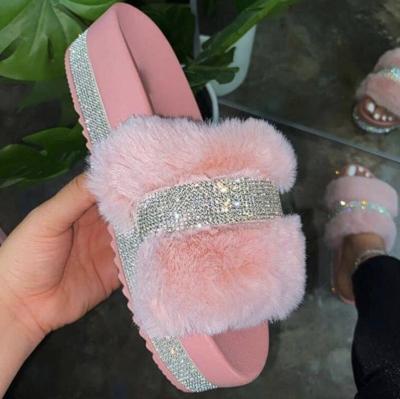 China Lady Fur Thick Unique Bling Recyclable Outdoor Slippers Plush Diamond Slips Thick Faux Stone Platform Faux Fur Women Shoes For Women for sale