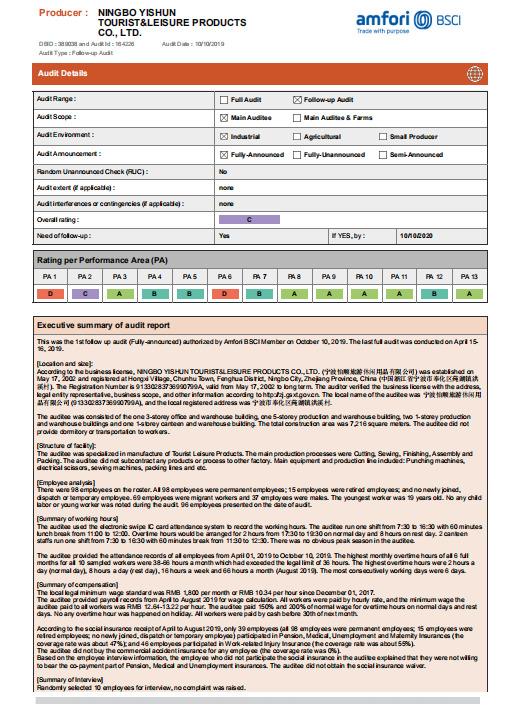 BSCI - Ningbo Yishun Tourist & Leisure Products Co., Ltd.