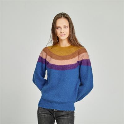 China Anti-pilling Casual Lantern Sleeve Round Neck Striped Pullover Mohair Knit Sweater For Women for sale