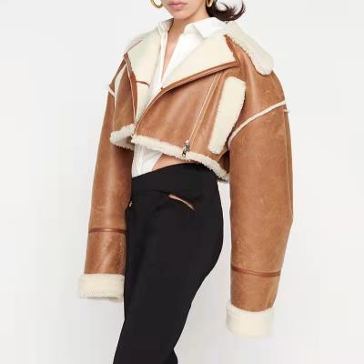 China Anti-wrinkle Women Winter Clothes Patchwork Lambswool Leather Jacket Fur Coat Crop Biker Jackets for sale