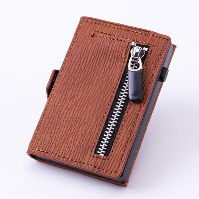 China Wholesale PU Leather Men RFID Blocking Minimalist Aluminum Wallet Push Button Side Noise Up Credit Card Holder for sale