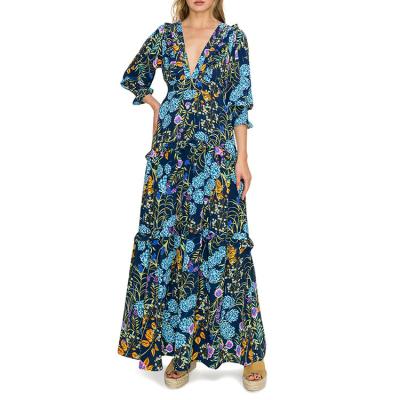 China Wholesale Breathable Custom 2023 Ladies Wedding Maxi Dresses Elegant Casual Sexy Open V Neck Tiered Three Quarter Long Sleeves for sale