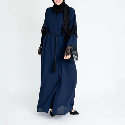 China Extra Long Dark Blue Front Abaya Ethnic Cardigan Ladies Polyester Plus Size Lace Muslim Evening Dresses With Hijab for sale