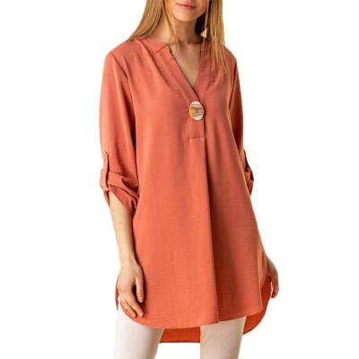 China Fashion Salmon Longline Button Detail Tunic Tops Ladies Breathable Loose Ladies Blouse Tops for sale