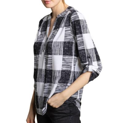 China Women Ladies Tops And Blouses V Neck Long Sleeve Shirt Design Black Check Breathable Elegant Textured Print Tank Top for sale