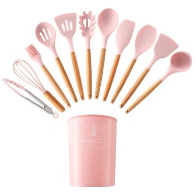 China Sustainable Amazon Hot Sale Silicone Kitchenware 12pcs Silicone Kitchen Utensils Set With Wooden Handle for sale