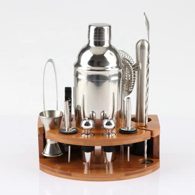 China 12 Pcs Wooden Cocktail Shaker Stand Wooden Cocktail Shaker Set Professional Bartender Bar Tools for sale