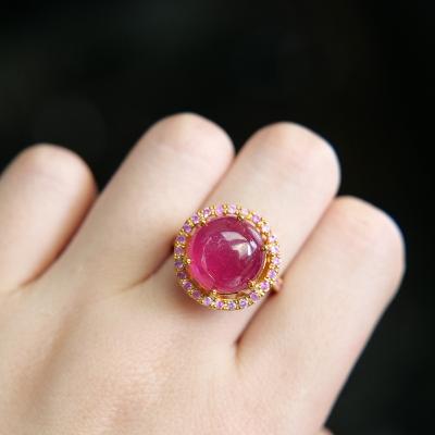 China Vintage Big Round Red Zircon Crown Trail CuteRhinestones Dense Inlaid Dream Girl Pink Rose Gold Jewelry Classic Women's Ring for sale