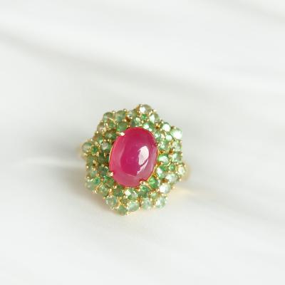 China Large vintage pink zircon surrounded by green rhinestones peach and leaves elegant jewelry luxurious woman ring for sale