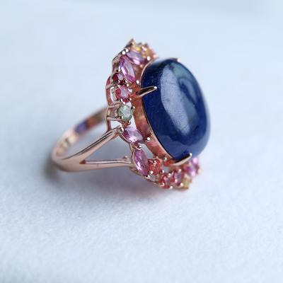 China CLASSIC dark blue sapphire surrounded by multicolor pink yellow green small luxury rhinestone woman ring for sale