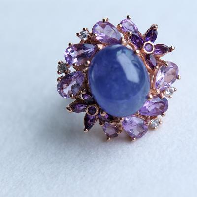 China CLASSIC dark blue sapphire natural stone surrounded by delicate luxury lavender violet purple rhinestone woman ring for sale