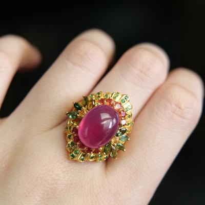 China Vintage Big Red Crown Rose Gold Round Claw Set Small Pink Green Crown Feel Multiple Rhinestone Ring Lady Woman for sale