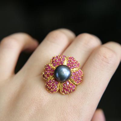 China Vintage Large Flower Shape Half Pearl Dense Rhinestones Rose Dense Inlaid Inlaid Ring Lady Woman for sale