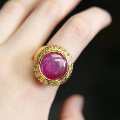 China Large vintage round pink ruby ​​around rhinestone red thick shank cute exaggerated rose gold feel lady ring lady woman for sale