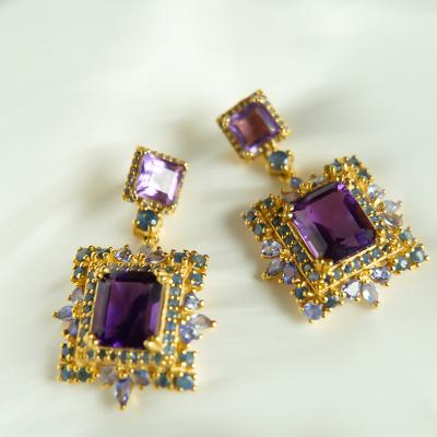 China 2023 Vintage fashion jewelry vintage fashion jewelry amethyst elegante queen style 18k natural 925 gold thin layer contemporary art silver geometric earring for sale