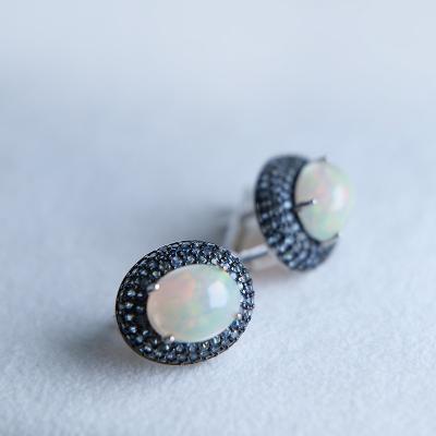 China 925 Trendy Fantasy Opal Stone Silver Rhinestone Women's Fashion Stud Earrings Cabochon Design Shiny Holographic Jewelry for sale