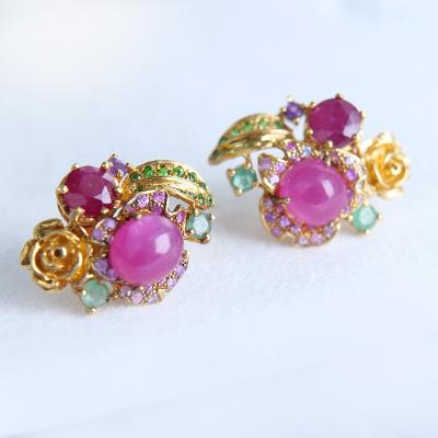 China Woman Romantic Cutie Fruit Fancy Neon Pink Rose Leaves Fashion Jewelry Natural Stones Contemporary Art Elegant Fantasy Geometric Earring for sale