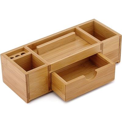 China ZM2013 Wooden Bamboo Desktop Storage Box Organizer with Phone Holder Stand for Office Supplies for sale