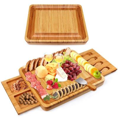 China ZM1010 Disposable Wooden Slide Out Drawer Deli Tray Serving Tray Cutting Board and Bamboo Knife Slate Cheese Board with Cutlery Set for sale