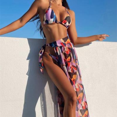 China Hot Breathable Women Print 3pcs Bandage Swimwear Swimsuit Bikini With Cover Up Dress Bathing Suit Beach Wear for sale