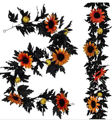 China Artificial Fall Silk Maple Leaves Garland Hanging Black Fall Leaves Vine Autumn Garland Halloween Flowers Thanksgiving Decor for sale