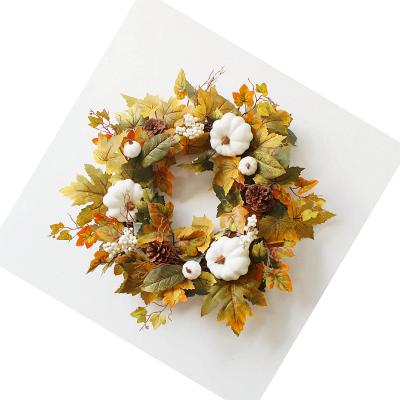 China Artificial White Garland Autumn Leaves Wreath Halloween Pumpkin Maple Leaf Garland 55cm Indor Decoration For Fall Decoration for sale