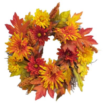 China Indor Garland Chrysanthemum Wreath Decoration Artificial Autumn Wreath Collection Decorative Maple Leaf for sale