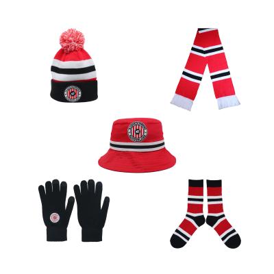 China Stickerei Logo Unisex Pom Pom Beanie Schals Handschuhe Socken Eimer Grauer Winterhut zu verkaufen