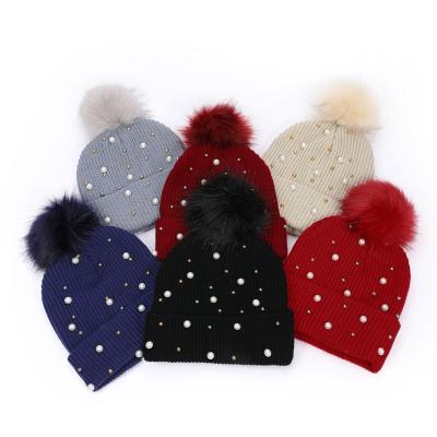 China Fluffy Pearl Beaded Acrylic Cashmere Wool Beanie Bulk Custom Knit Beanies Luxury Girls for sale