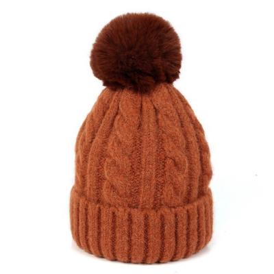 China 58cm verstelbare konijnenvel Pom Pom Hoed Winter Warm gebreide haakjes Bobble Hoeden Caps Te koop