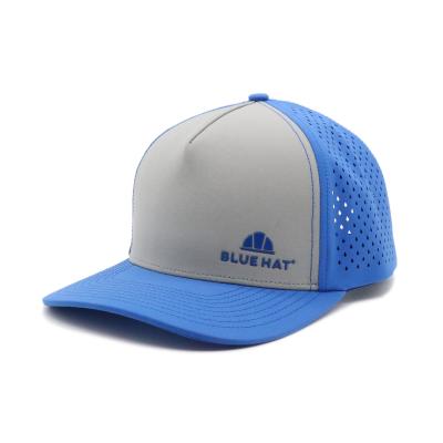 China Casual Custom Two Tone 5 Panel PVC Logo Perforated Laser Cutting Hole Drilled Waterproof Sport Cap Trucker Hat for sale