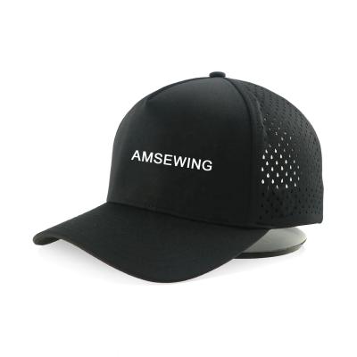 China Embroidered 5 Panel Black Structured PVC Logo Perforated Laser Hole Drilled Waterproof Sport Baseball Caps Hat for sale