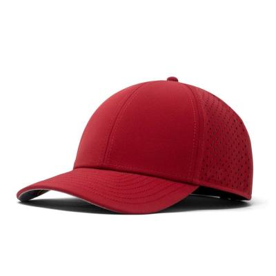 China 6-paneel hoed op maat gebogen rand rubber patch laser geperforeerde snapback cap voor volwassenen Te koop