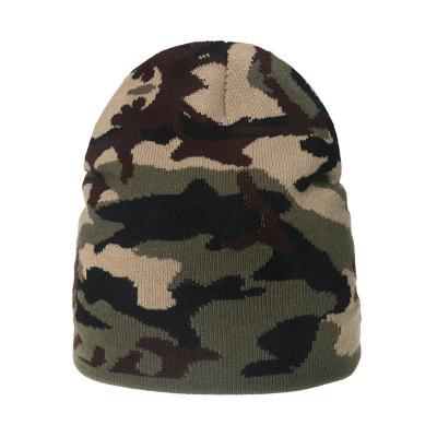 China Eco Friendly Sustainable Jacquard Logo Knitted Camo Camouflage Beanie Winter Skull Cap for sale