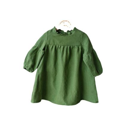 China Custom Anti-wrinkle girl's long sleeve pure canvas spring and autumn cotton girl's casual one-line dress for sale