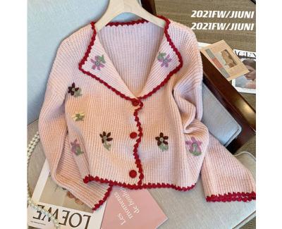 China 2021 Autumn Women's Anti-wrinkle Pink Knitted Cardigan Women's Lapel Embroidery Shorts Sweater Cardigan New for sale