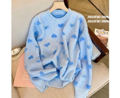 China Anti-wrinkle new 2021 autumn love flocking jacquard sweater women's sweater blue cute sweater for sale