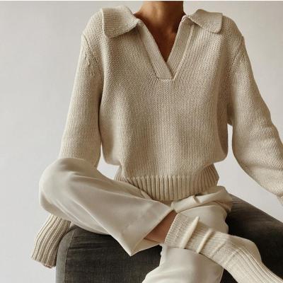 China Anti-Wrinkle 2022 Women Shape Ribbed Loose V-Neck Knit Solid Sweater Tops Long Sleeve Casual Pullover Sweater for sale