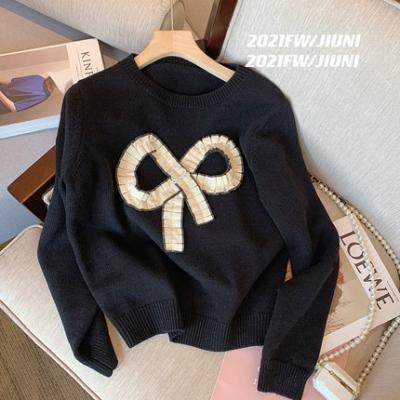 China Anti-wrinkle black bow round neck sweater women's autumn 2021 autumn fashion pullover for women for sale