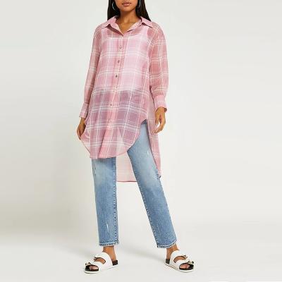 China 2021 anti-shrinkage large size ladies fashion big control women's long-sleeved plaid shirt for sale