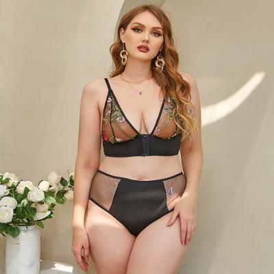 China Large Size Front Buckle Embroidered Ropa Interior De Mujer Lace Sheer Sexy Lingerie Two Piece Sexy Wear For Chubby Women for sale