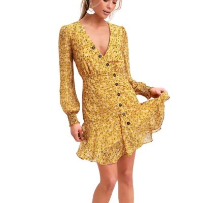 China Anti-Static Casual Women Beach Wear Front Wrap Mini Button Down Yellow Travel Dress Corset Dress Women for sale