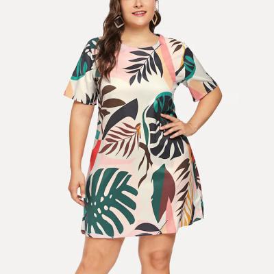 China Anti-Static Plus Size Women Clothing Plus Foliage Print Round Neck Summer Mini Plus Size Women Clothing for sale